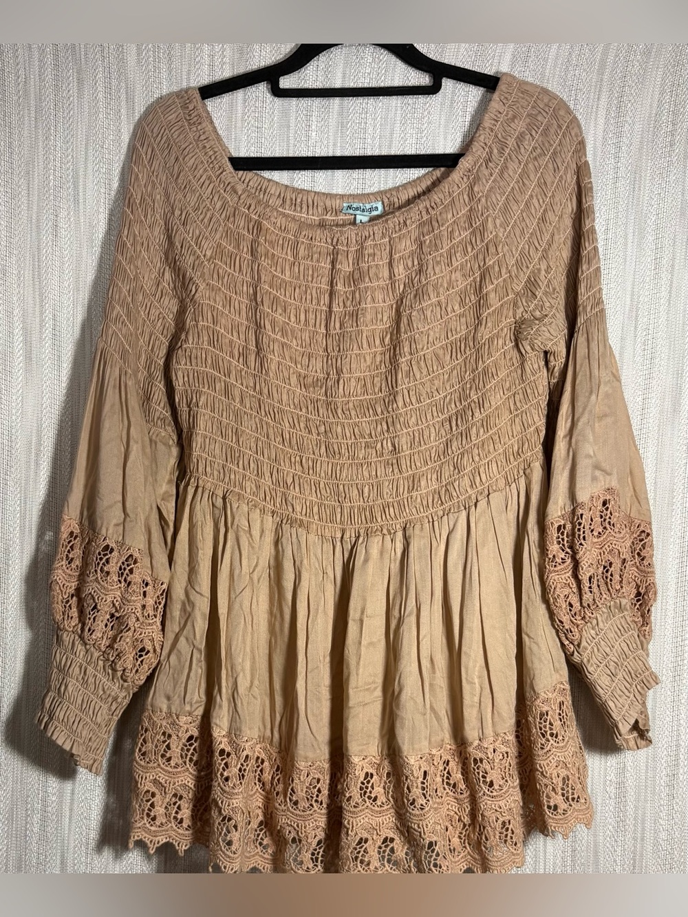 Nostalgia Tan Smocked Peasant Tunic with Crochet Trim
